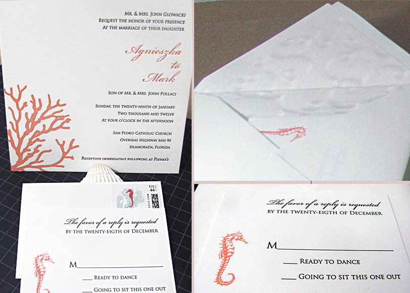 Mindy Belloff designed their lovely invitation sets with a coral seahorse